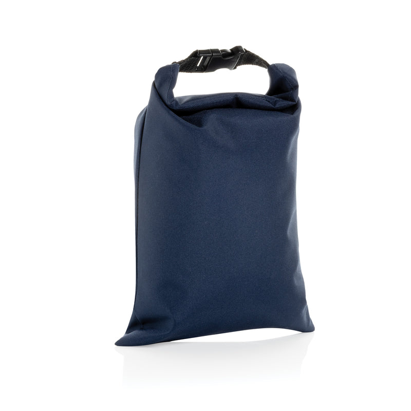 Load image into Gallery viewer, XD Collection AWARE™ RPET foldable outdoor lunch bag, 30x20cm, with snack strap, in vibrant colors, showing the compact, eco-friendly design.
