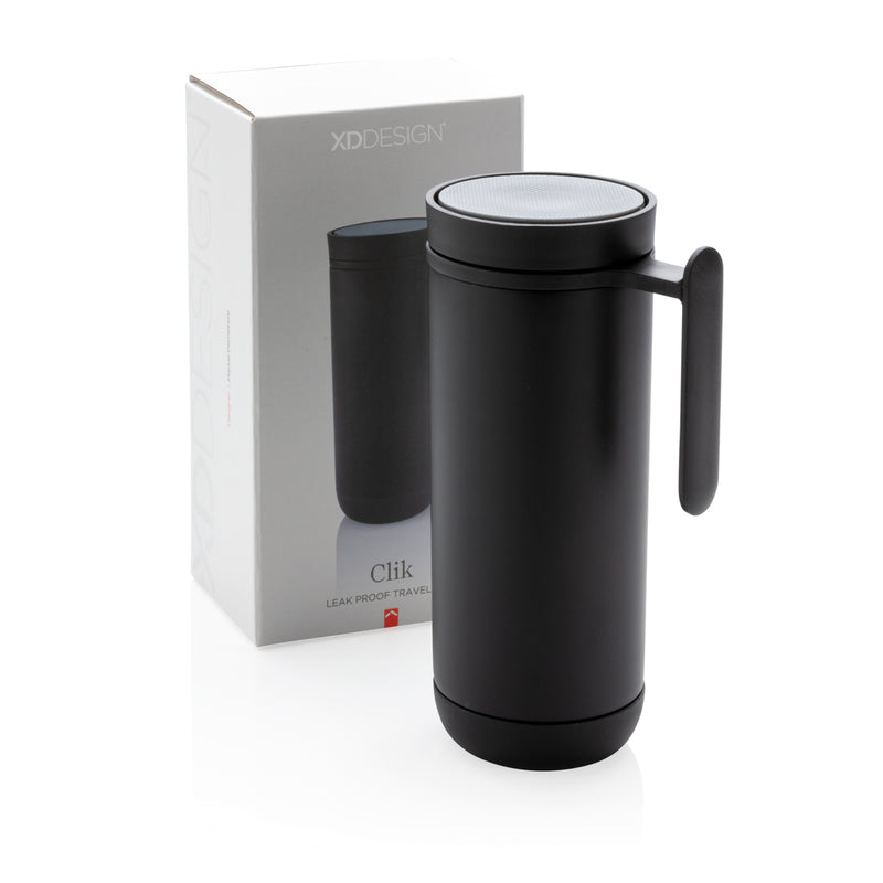 Load image into Gallery viewer, XD Design Clik leak-proof travel mug in black with a secure lid, designed for spill-proof drinking on the go.
