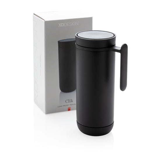 XD Design Clik leak-proof travel mug in black with a secure lid, designed for spill-proof drinking on the go.