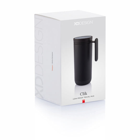XD Design Clik leak-proof travel mug in black with a secure lid, designed for spill-proof drinkware on the go.