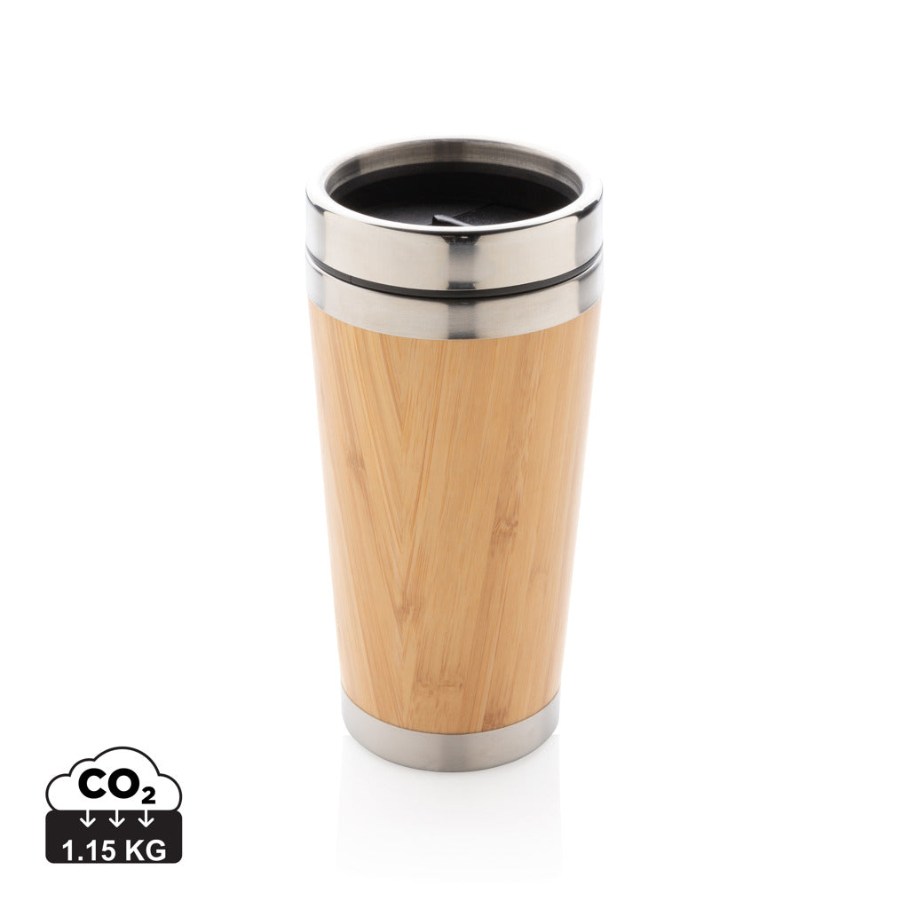 Bamboo tumbler drinkware by XD Collection with eco-friendly bamboo exterior and stainless steel lid on a white background.