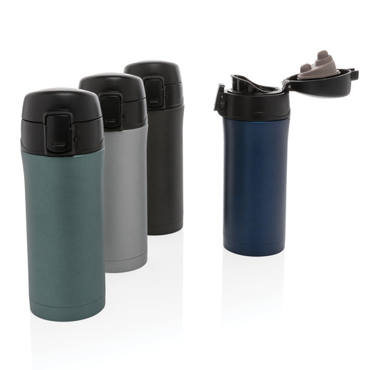 Metallic XD Collection Easy Lock vacuum mug with secure lid, stainless steel drinkware for hot and cold beverages.