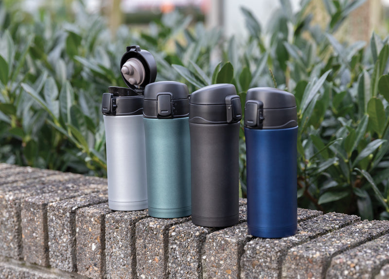 Load image into Gallery viewer, Metallic Easy Lock Vacuum Mug by XD Collection, a stainless steel drinkware with a secure lid and sleek metallic finish.
