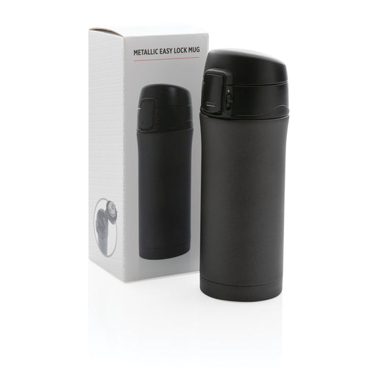 Metallic XD Collection vacuum mug with easy lock lid, durable drinkware for hot and cold beverages, shown on a white background.