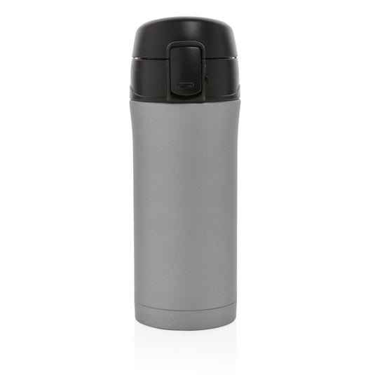 Metallic XD Collection easy lock vacuum mug for hot and cold drinks, shown with a sleek, stainless steel finish and secure lid.