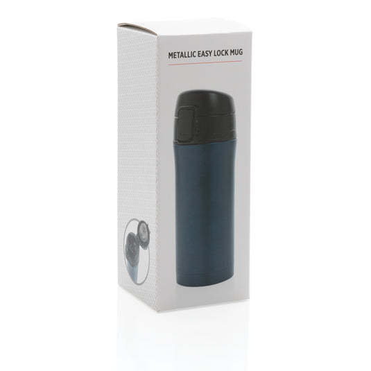 Metallic Easy Lock vacuum mug from XD Collection, stainless steel drinkware with secure lid and sleek design.