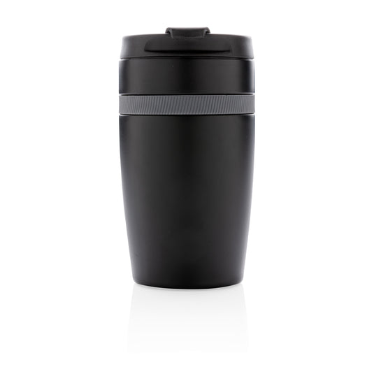 XD Xclusive Sierra leak-proof vacuum coffee tumbler in stainless steel with a black lid, designed for hot and cold beverages.