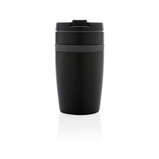 XD Xclusive Sierra leak-proof vacuum coffee tumbler in stainless steel, showcasing its sleek design and secure lid for hot beverages.