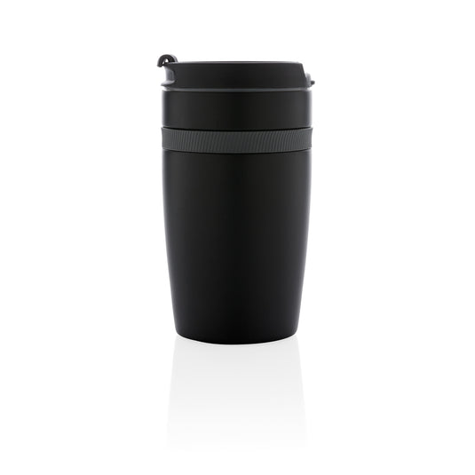 XD Xclusive Sierra leak-proof vacuum coffee tumbler in stainless steel with a black lid, designed for hot and cold drinks.