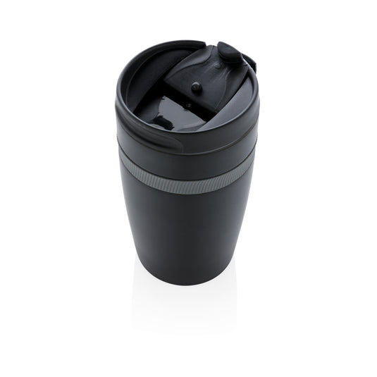 XD Xclusive Sierra leak-proof vacuum coffee tumbler in stainless steel, featuring a sleek design and secure lid for hot beverages.