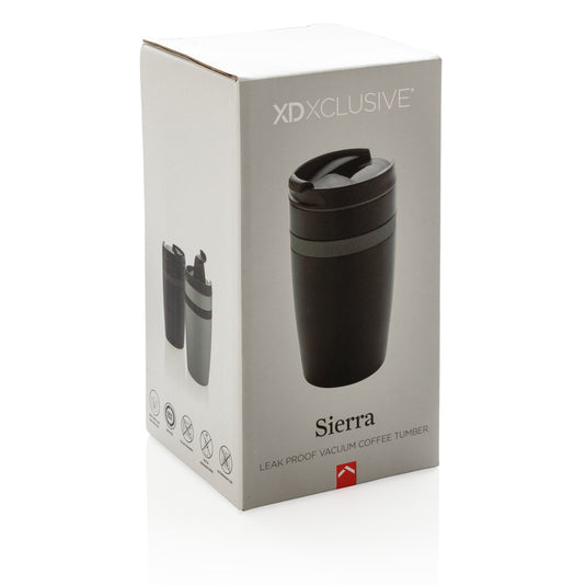 XD Xclusive Sierra leak-proof vacuum coffee tumbler in stainless steel with a sleek design, perfect for hot and cold beverages.