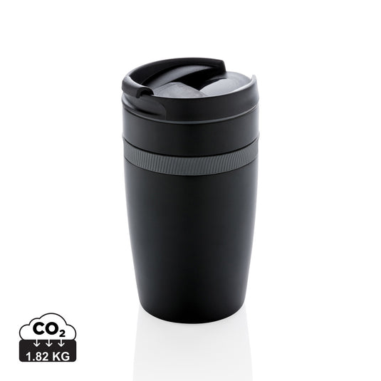 XD Xclusive Sierra leak-proof vacuum coffee tumbler in stainless steel, showcasing its sleek, insulated design for hot and cold drinks.