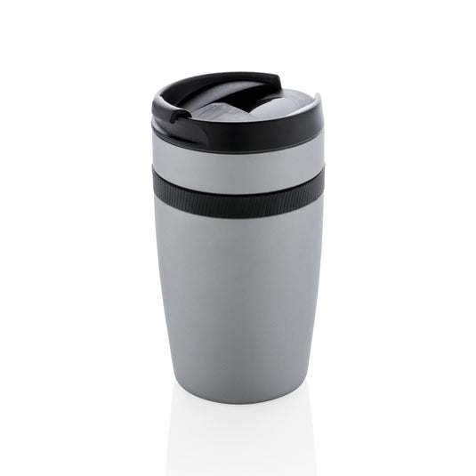 Leak-proof vacuum coffee tumbler by XD Xclusive in black with a stainless steel body and spill-resistant lid.