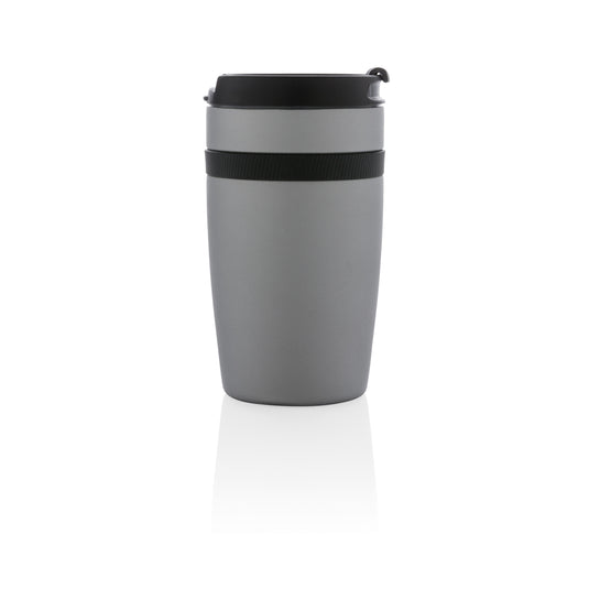 XD Xclusive Sierra leak-proof vacuum coffee tumbler in black, showing insulated stainless steel drinkware with lid and sleek design.