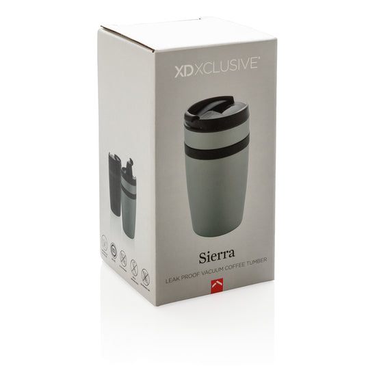 Black Sierra leak-proof vacuum coffee tumbler by XD Xclusive, showing a sleek insulated drinkware design with a secure lid.