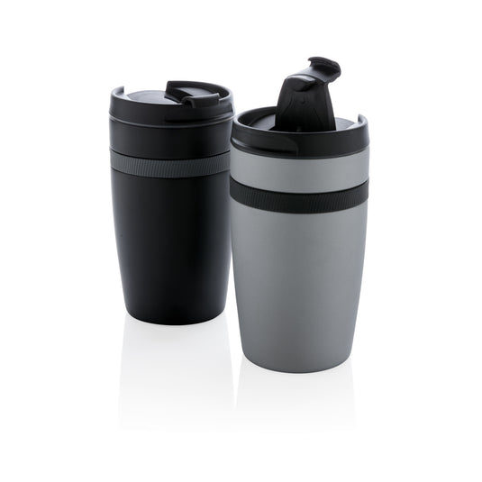 XD Xclusive Sierra leak-proof vacuum coffee tumbler in stainless steel, with a sleek drinkware design and spill-resistant lid.