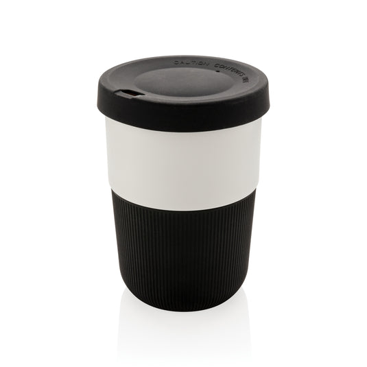 XD Collection PLA coffee to go cup, 380ml, reusable drinkware with a green lid and clear body, suitable for hot beverages.