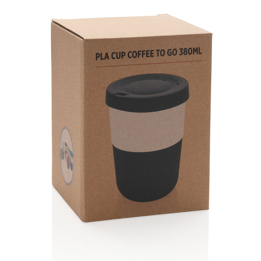 White 380ml PLA coffee to go cup from XD Collection, eco-friendly drinkware with a secure lid and printed logo.