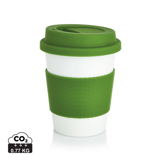 Pink PLA coffee cup from XD Collection, eco-friendly drinkware with a smooth finish and ergonomic design.