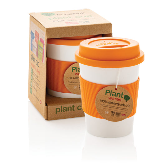 White PLA coffee cup from XD Collection drinkware line, showing a smooth, eco-friendly design with a lid and handle.