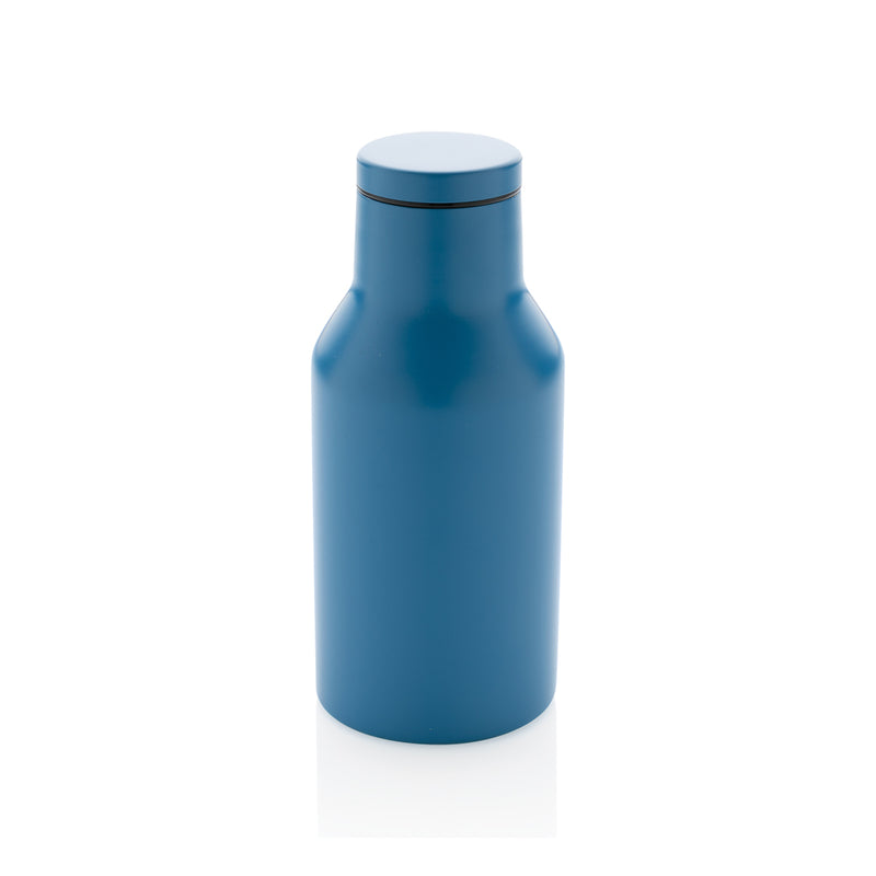 Load image into Gallery viewer, Recycled stainless steel compact bottle from XD Collection in black, designed for eco-friendly drinkware and on-the-go use.
