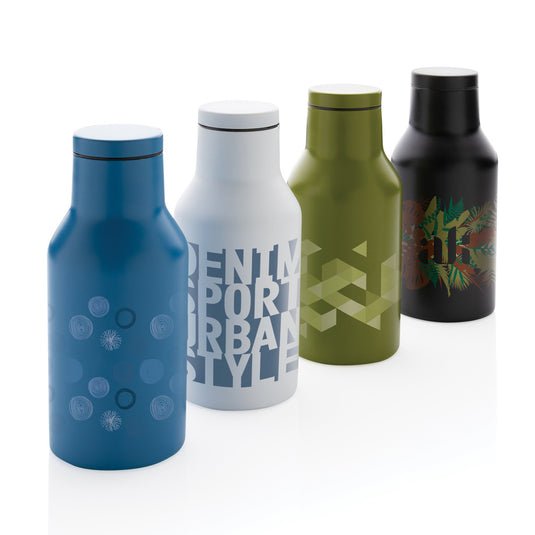Recycled stainless steel compact water bottle from XD Collection's RCS Recycled drinkware line, with a sleek, portable design.