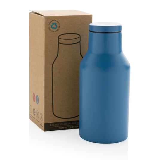 Recycled stainless steel compact bottle from XD Collection, eco-friendly drinkware with sleek design and durable construction.