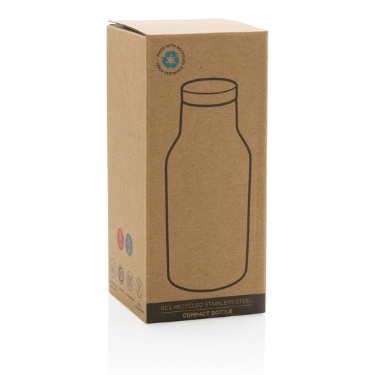 Recycled stainless steel compact bottle from XD Collection in black, designed for portable drinkware with eco-friendly materials.