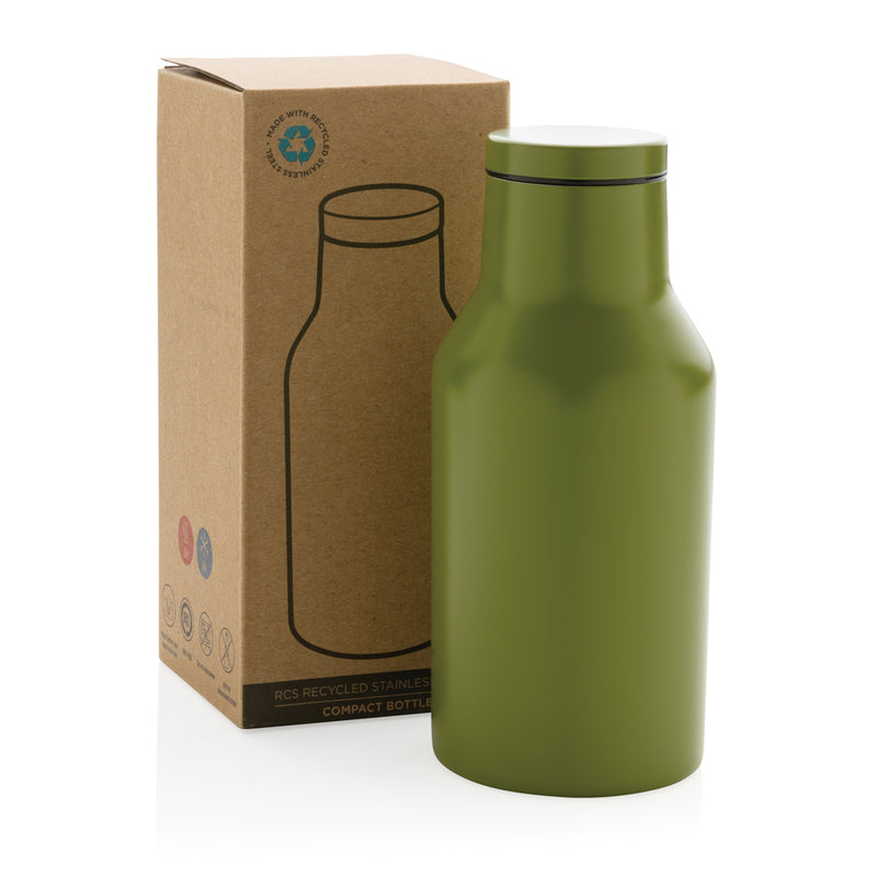 Load image into Gallery viewer, Recycled stainless steel compact bottle from XD Collection, eco-friendly drinkware with a sleek design and secure lid.
