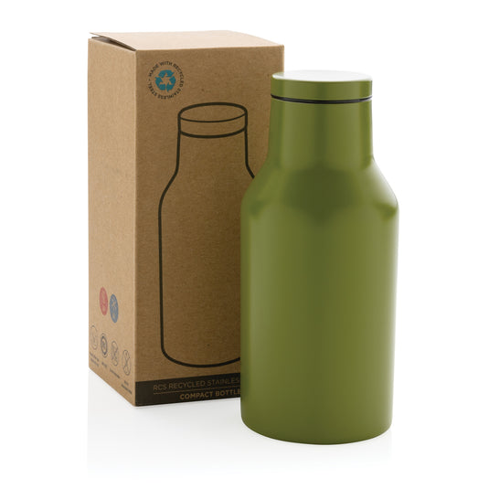 Recycled stainless steel compact bottle from XD Collection, eco-friendly drinkware with a sleek design and secure lid.