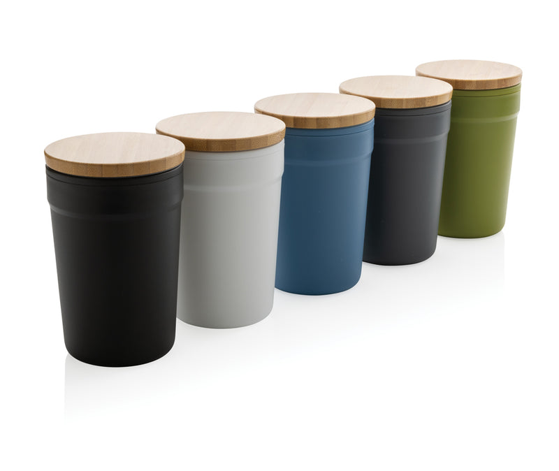 Load image into Gallery viewer, Recycled PP mug with bamboo lid from XD Collection, eco-friendly drinkware with a sleek design and natural bamboo top.
