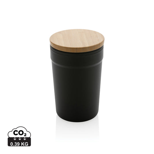 Reusable GRS certified recycled polypropylene mug with bamboo lid from XD Collection, eco-friendly drinkware on a white background.