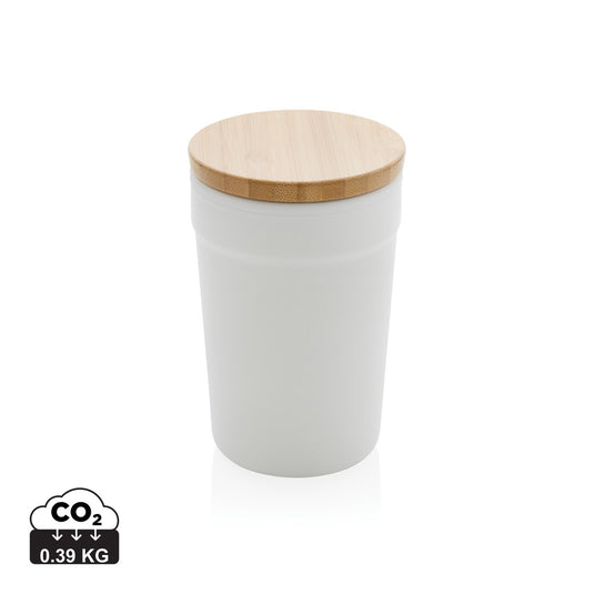 XD Collection recycled PP mug with bamboo lid, eco-friendly drinkware, showing the mug's eco-conscious design and natural bamboo lid.