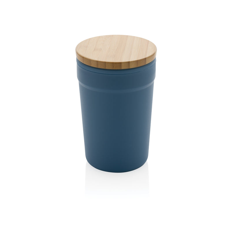 Load image into Gallery viewer, XD Collection recycled PP mug with bamboo lid, eco-friendly drinkware, showing the mug’s recyclable material and natural bamboo lid.
