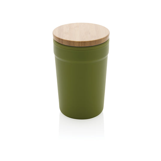 Reusable GRS certified recycled polypropylene mug with bamboo lid from XD Collection, eco-friendly drinkware with a natural bamboo top.