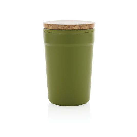 XD Collection recycled PP mug with bamboo lid, eco-friendly drinkware for sustainable use, showing the mug with bamboo lid.
