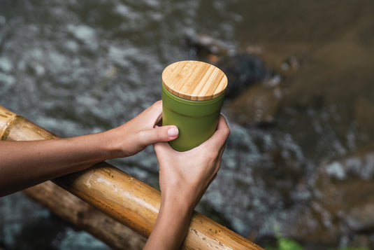 Recycled PP mug with bamboo lid from XD Collection, eco-friendly drinkware perfect for beverages.