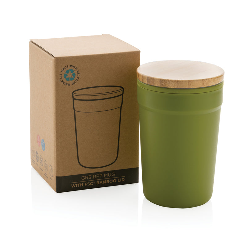 Load image into Gallery viewer, Recycled polypropylene mug with bamboo lid from XD Collection, eco-friendly drinkware featuring a sleek design and natural finish.
