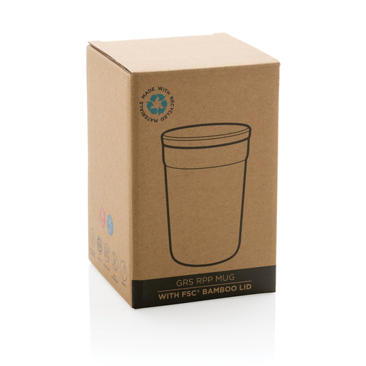 XD Collection recycled PP mug with bamboo lid, eco-friendly drinkware featuring a sleek design and durable construction.