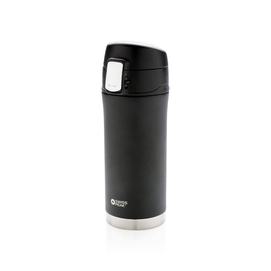 Swiss Peak Elite copper vacuum mug, stainless steel drinkware with copper insulation, showing polished exterior and secure lid.