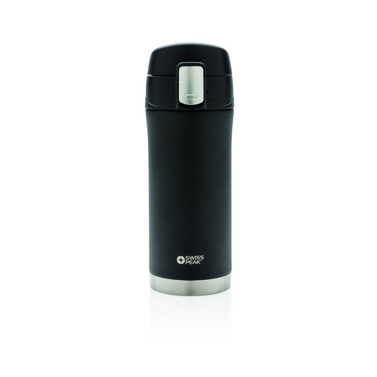 Swiss Peak Elite copper vacuum mug for hot and cold drinks, featuring a sleek stainless steel design and secure lid.