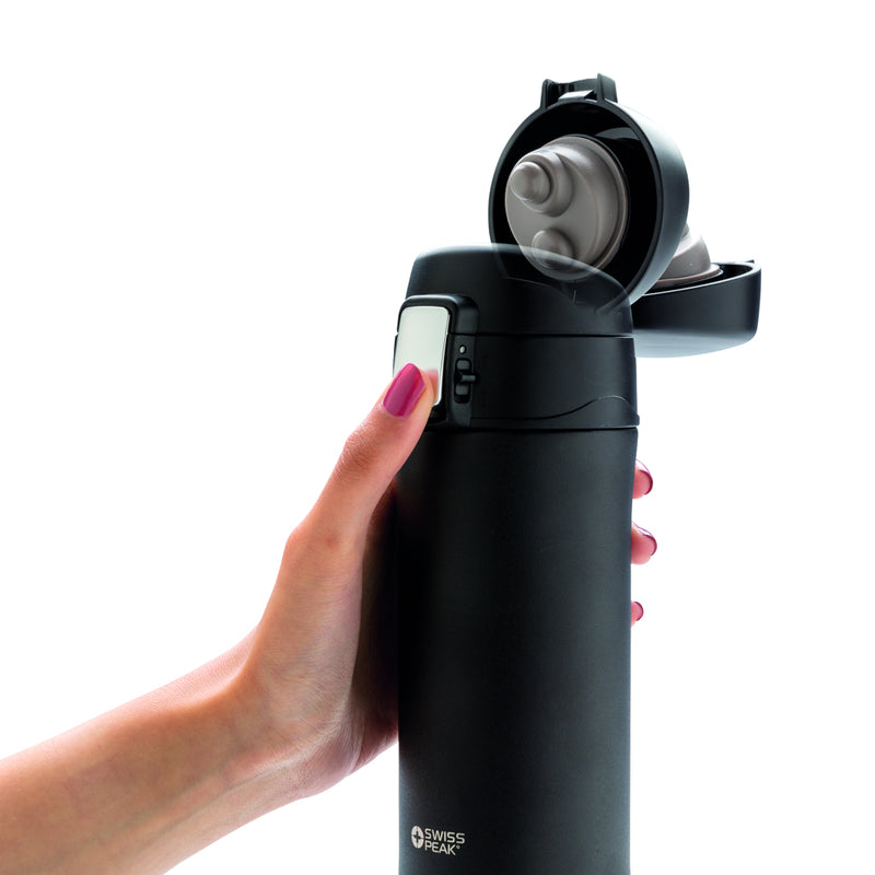Load image into Gallery viewer, Swiss Peak Elite copper vacuum mug showing sleek stainless steel body with copper accents, designed for hot and cold beverages.
