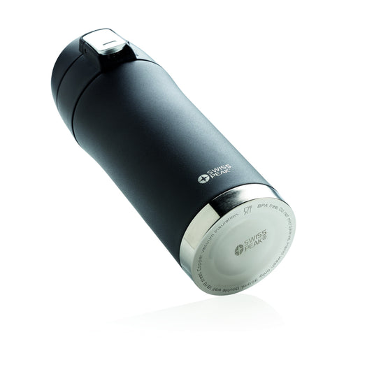 Swiss Peak Elite copper vacuum mug showing sleek stainless steel exterior and copper accents, designed for hot and cold beverages.