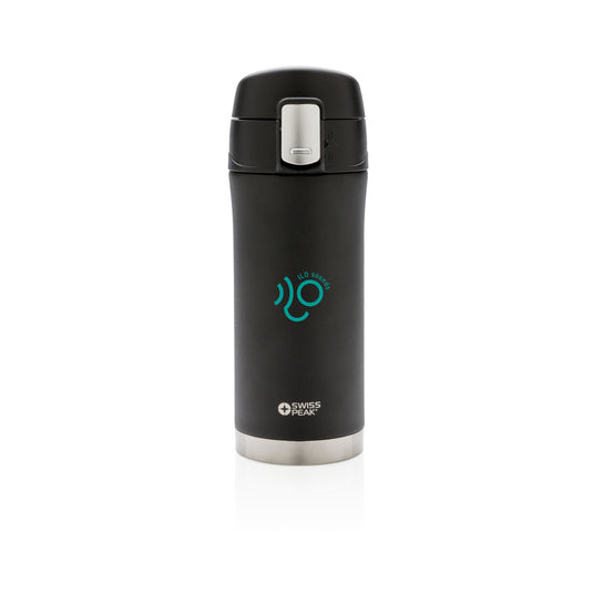Swiss Peak Elite copper vacuum mug, stainless steel drinkware with copper accents, insulated for hot and cold beverages.