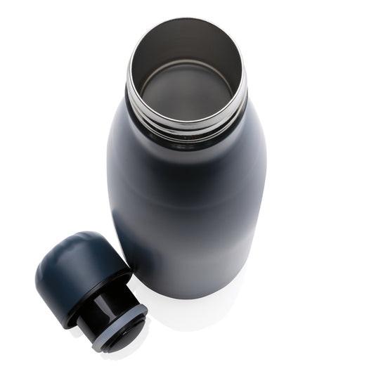 Solid color XD Collection stainless steel vacuum bottle, 500 ml, with sleek design and secure screw lid for hot and cold beverages.