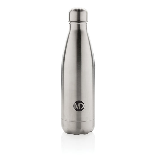 Stainless steel vacuum insulated bottle from XD Collection, durable drinkware with a sleek design and secure lid for hot or cold beverages.