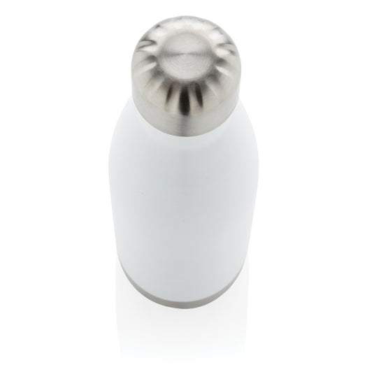 Stainless steel vacuum insulated drinkware bottle from XD Collection, showing a sleek, silver design with a secure lid.