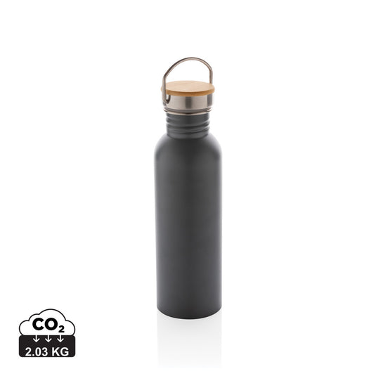 Modern stainless steel bottle with bamboo lid - Custom Wood Designs