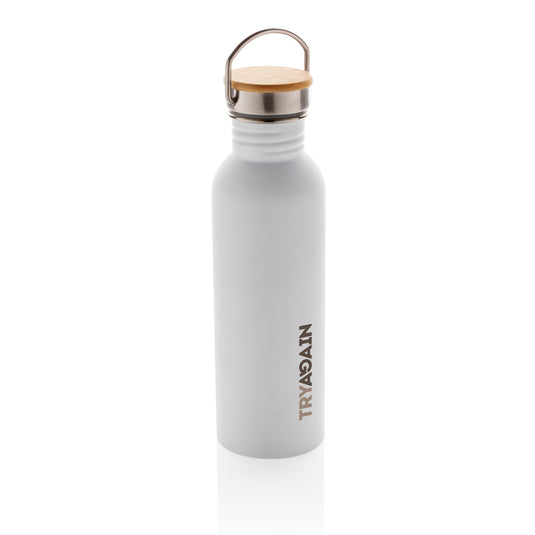 Modern stainless steel bottle with bamboo lid - Custom Wood Designs