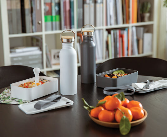 Modern stainless steel bottle with bamboo lid - Custom Wood Designs